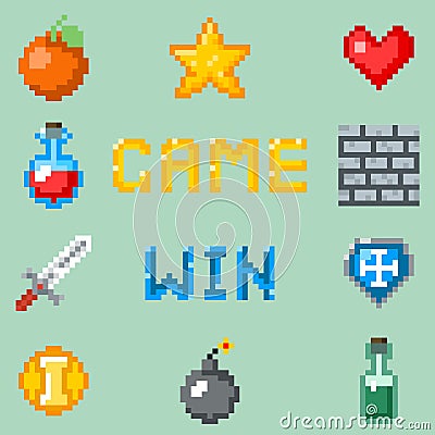 Pixel games icons for web, app or video game interface Vector Illustration