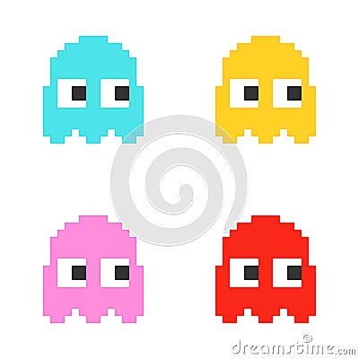 Pixel ghosts in video game pacman. Classic set ghost. Vector Illustration