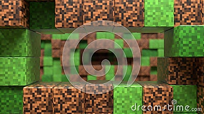 Pixel grass and ground background. The concept of games. 3D Abstract cubes. Depth of field. Concept of games minecraft Stock Photo