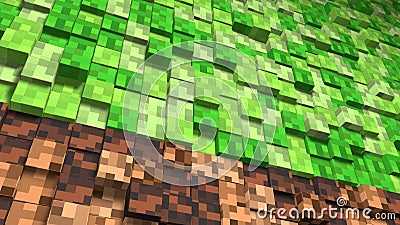 Pixel grass and ground background. 3D Abstract cubes. Video game geometric mosaic waves pattern. Construction of hills landscape Stock Photo