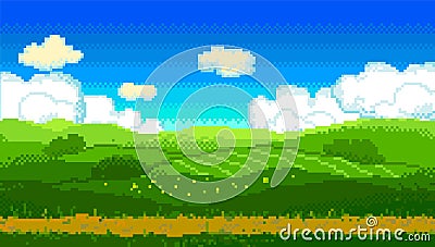 Pixel green landscape with fields and road Vector Illustration