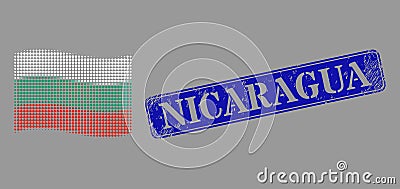 Textured Nicaragua Stamp and Pixel Halftone Waving Bulgaria Flag Image Vector Illustration