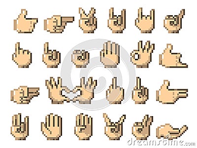 Pixel hands. Retro 8 bit game finger gestures, arcade computer web 90s technology icons, 2D sprite rock n roll Vector Illustration
