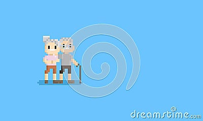 Pixel happy elder couple doing hug.8bit character. Stock Photo