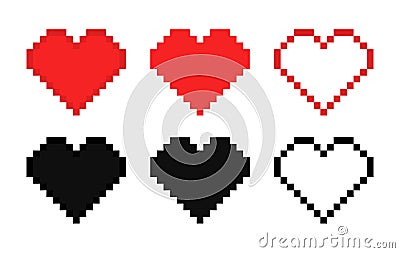 Pixel heart. Pixel heart icon. 8 bit game. Digital art for love, gamer and computer. Red and black symbols of health. Vector Vector Illustration