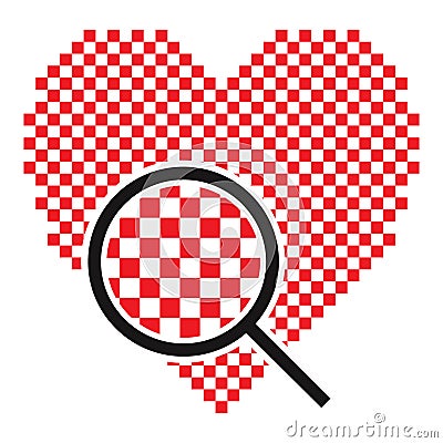 Pixel heart with magnifying glass flat vector icon for apps and website Vector Illustration