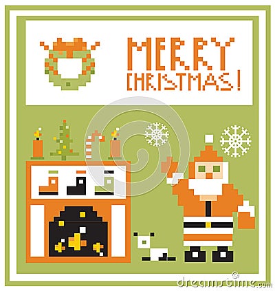 Pixel Holidays Card Christmas living room with Santa background Stock Photo