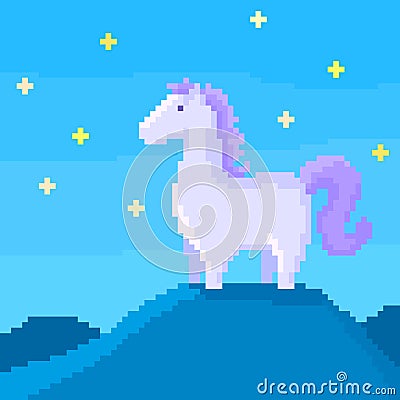 Pixel horse on a hill at starry night. Vector Illustration