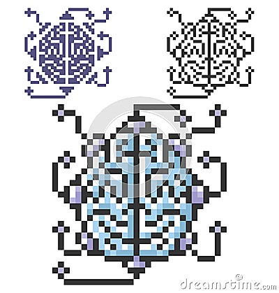 Pixel icon of brain as central processing unit in three variants Vector Illustration