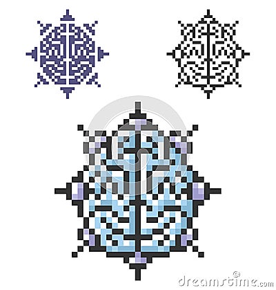 Pixel icon of brain as central processing unit in three variants Vector Illustration