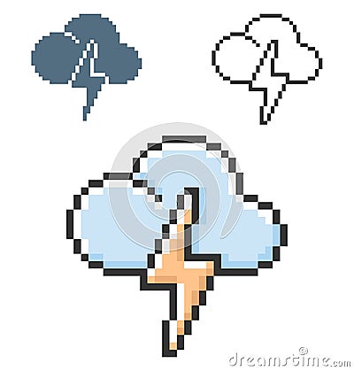 Pixel icon of cloud with lightning rainless lightning storm weather in three variants Vector Illustration