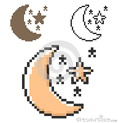 Pixel icon of crescent with stars clear night weather in three variants Vector Illustration