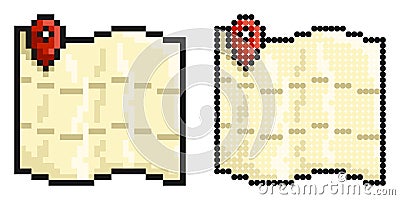 Pixel icon. Map with checkpoint mark. Navigation on paper map using GPS system. Simple retro game vector isolated on white Vector Illustration