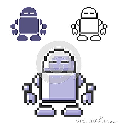 Pixel icon of robot in three variants Vector Illustration