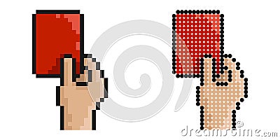Pixel icon. Sports referee hand showing card for player breaking rules. Sports team game of soccer, football. Simple retro game Vector Illustration