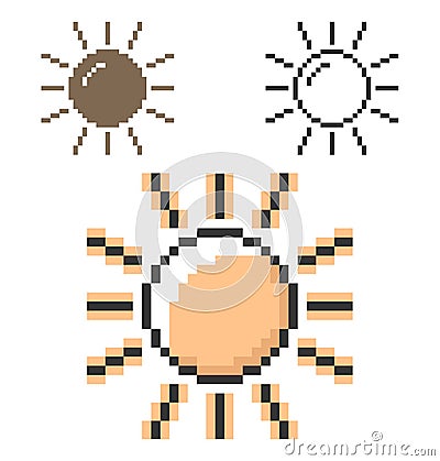 Pixel icon of sun sunny weather in three variants Vector Illustration