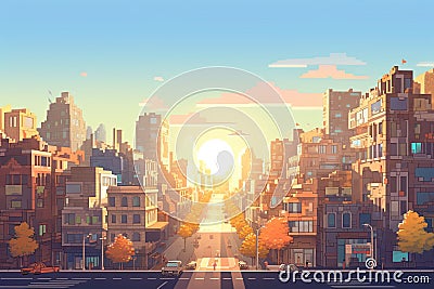 Pixel illustration of a beautiful sunny city with sun rays. Generative AI Cartoon Illustration