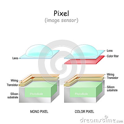 Pixel. image sensor. Structure of Mono and color pixel Vector Illustration
