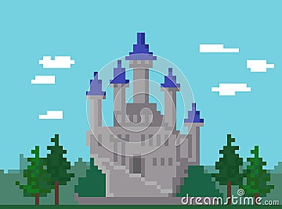 Pixel Landscape With Castle Vector Illustration