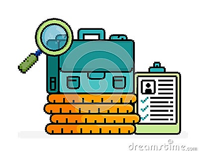 pixel line art illustration of briefcase on pile of coins and magnifying glass, metaphor of job vacancy in financial and banking Vector Illustration