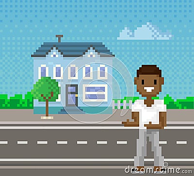 Pixel woman for old pixel-game layout stands against background of cityscape with road and building Vector Illustration