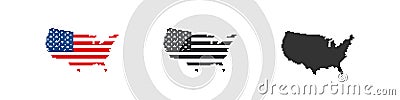 Pixel map and flag USA. 8-bit United States of America patriotic emblems set. Vector isolated flat dot illustration Vector Illustration