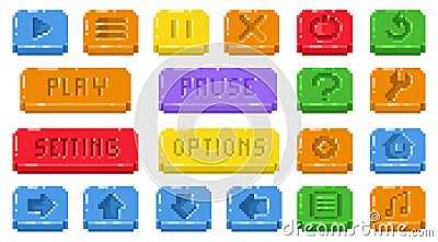 Pixel menu buttons. Retro video game interface icons, 8 bit game panel plus minus symbols, old school application Vector Illustration