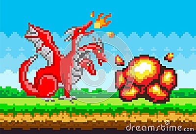Pixel monster character red three-headed dragon. Pixelated dinosaur with wings breathes fire Vector Illustration