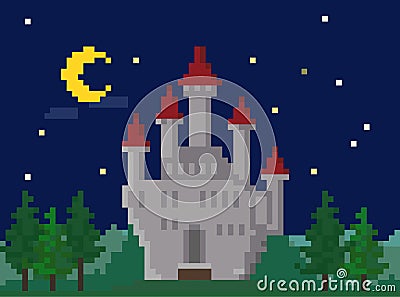 Pixel Night Landscape With Castle Vector Illustration