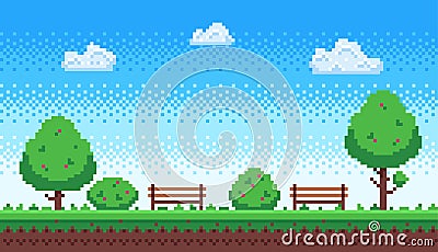 Pixel park. Retro 8 bit game blue sky, pixels trees and parks bench vector illustration Vector Illustration