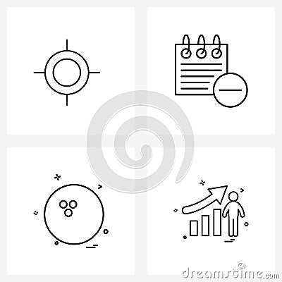 Pixel Perfect Set of 4 Vector Line Icons such as bull eye, bowling ball, calendar, remove, graph Vector Illustration