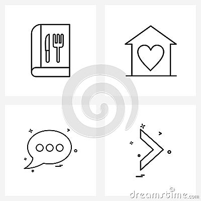 Pixel Perfect Set of 4 Vector Line Icons such as recipe book, conversation, meal, love, sms Vector Illustration