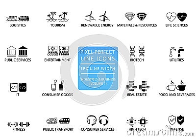 Pixel perfect thin line icons and symbols of various industries / business sectors like public services, consumer goods, defence, Vector Illustration