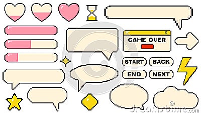 Pixels elements for game vector set. Pixel dialogue boxes, hearts, chat speech bubbles, flash message frames Vector Illustration