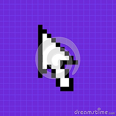 Pixel pointer of a computer mouse on a bright purple background. Arrow icon Vector Illustration