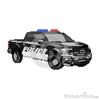 PIXEL POLICE CAR. PIXEL CAR. PIX CARTOON ICON. Vector Illustration