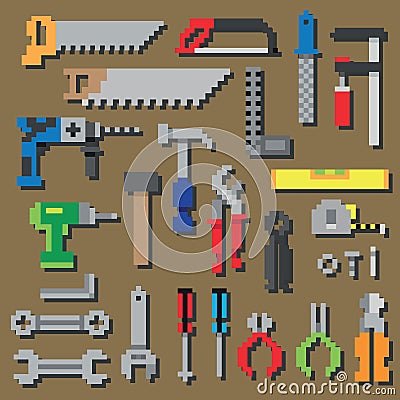 Pixel repair and construction working tools pixel icon set in vector Vector Illustration
