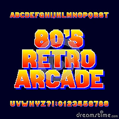 Pixel retro alphabet font. Video computer game letters and numbers. Vector Illustration