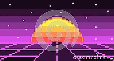 Pixel road synthwave landscape with sun and stars background Vector Illustration