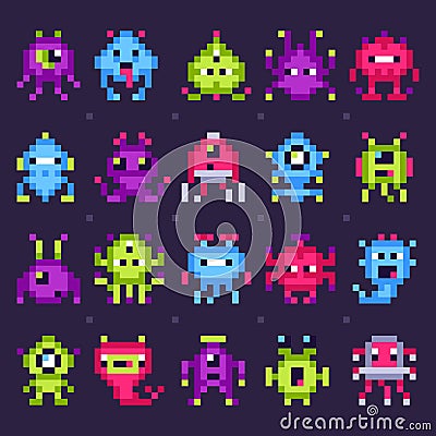 Pixel space monsters. Arcade video games robots, retro game invaders pixel art isolated vector set Vector Illustration