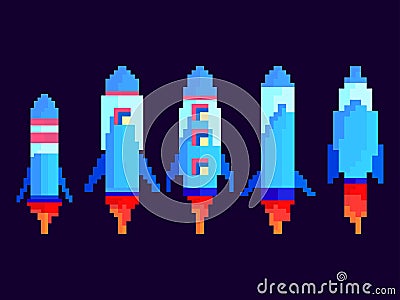 Pixel spaceships icon set. Space rockets in 8-bit retro graphic style of the 80s. Spaceships in pixel art style. Design for Vector Illustration