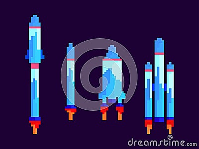 Pixel spaceships icon set. Space rockets in 8-bit retro graphic style of the 80s. Spaceships in pixel art style. Design for Vector Illustration