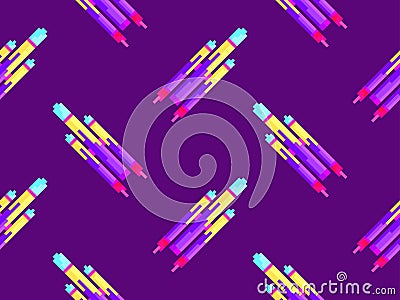 Pixel spaceships seamless pattern. Space rockets in 8-bit retro graphic style of the 80s. Spaceships in pixel art style. Design Vector Illustration