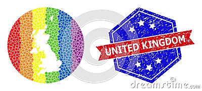 Spectrum Pixel Map of United Kingdom Mosaic with Subtracted Space for LGBT and Grunge Bicolor Badge Stock Photo