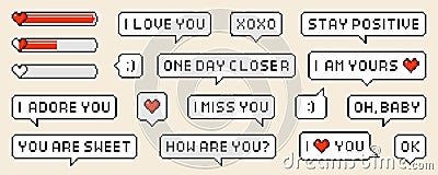 Pixel speech bubbles with worlds and phrases of love theme. Vector dialogue boxes with hearts. Chat speech or dialogue Vector Illustration