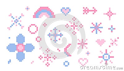 Pixel star sparkle cute retro 8 bit sparkle set. Shiny pink game pixel art effect set. Firework burst, arrow, space Vector Illustration