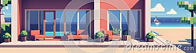 Pixel style art a bungalow sunny sea beach. Ideal for gaming designs, vintage inspired artwork, hotel accommodation Stock Photo