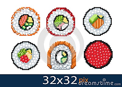 Pixel style icon seafood rolls. Vector Vector Illustration
