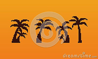 Pixel summer sunset beach coconut tree set.8bit. Vector Illustration
