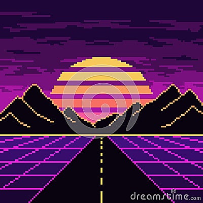 Pixel synthwave neon highway with mountains and sun background Vector Illustration